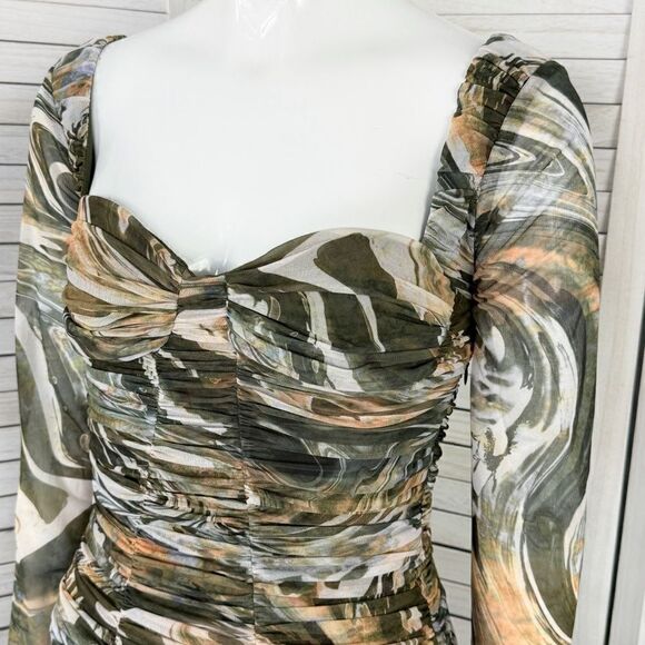 Zara Sheath Dress Marbled Ruched Draped Tulle Mini Khaki Green Orange Small - Picture 8 of 16